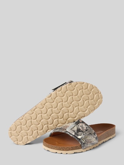 Produktfoto, Slipper aus echtem Leder mit Zierschnalle Modell 'Reiko' von Verbenas mit abgerundeter Passform, Allover-Logo-Detail, offene Ferse, Absatzhöhe 3 cm, beige Sohle, strukturierte Oberfläche, Größe 40
