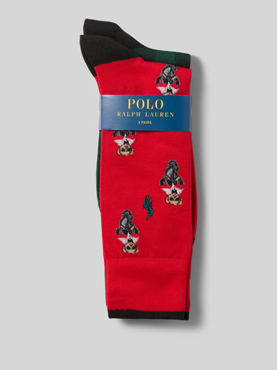 Produktfoto, Socken aus Baumwoll-Mix im 2er-Pack von Polo Ralph Lauren Underwear, mehrfarbig kariert mit Motiv-Print, Allover-Muster, auf grauem Hintergrund.
