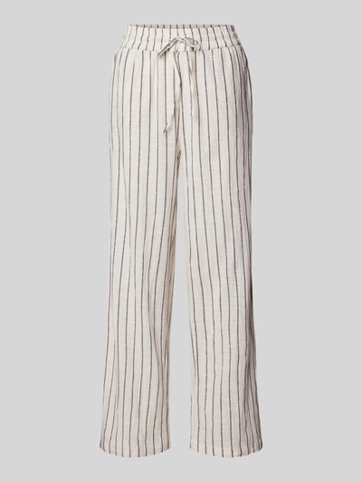 Produktfoto, Losse Fit Stoffhose aus reiner Baumwolle Modell 'TIZIANA' von Only mit vertikalem Streifenmuster, elastischem Bund und seitlichen Eingrifftaschen, natürliche Textur in Beige mit dunklen Streifen.