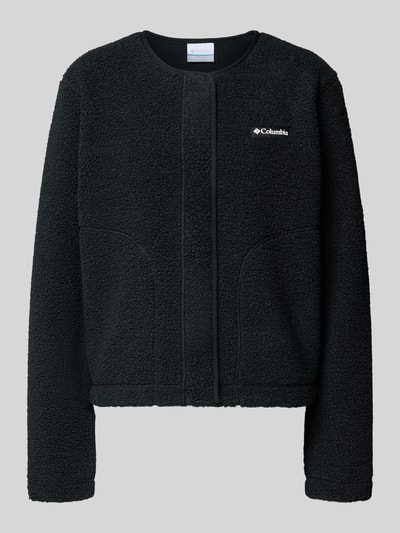 Produktfoto, Jacke mit Label-Patch Modell 'Panorama' von Columbia, schwarze Fleece-Textur, Rundhalsausschnitt, Druckknopfverschluss