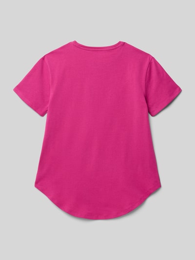 Produktfoto, T-Shirt mit Strasssteinbesatz und Logo-Print von Guess, różowy bawełniany mix z domieszką stretchu, luźny krój, zaokrąglony dekolt, wydłużony tył, długość pleców w rozmiarze 140: 53 cm