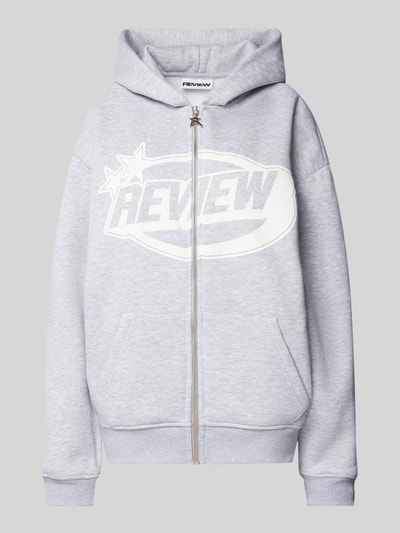 Review Sweatjacke mit Label-Print Hellgrau Melange 2