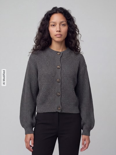 Frauenmodel trägt Loose Fit Strickjacke mit einreihiger Knopfleiste Modell 'LEA' von VERO MODA, dunkelgrau, grobe Strickstruktur, Ganzkörperansicht von vorne, KI-modifiziertes Bild.