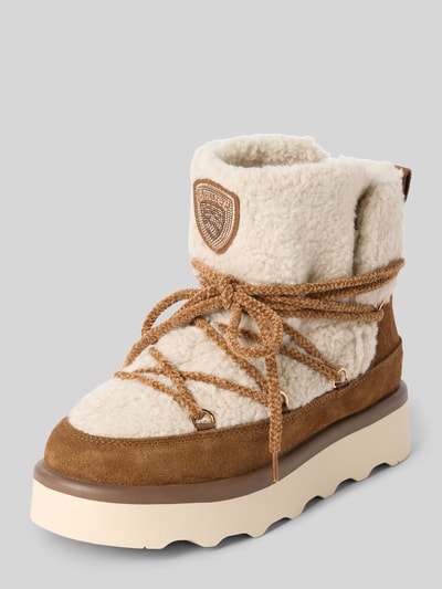Produktfoto, Boots aus Leder-Textil-Mix mit Teddyfell von Blauer USA, braun-beige, abgerundete Spitze, Label-Detail, 4 cm Absatz, 14 cm Schafthöhe, Szerokość w rozmiarze 40: 16 cm, miękka faktura, sznurowanie