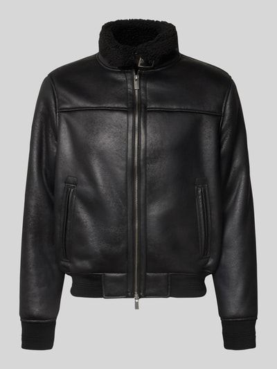 Produktfoto, Regular Fit Jacke in Leder-Optik Modell 'Aviator' von MARKUP, schwarz mit Kunstfellbesatz, Stehkragen, Zweiwege-Reißverschluss