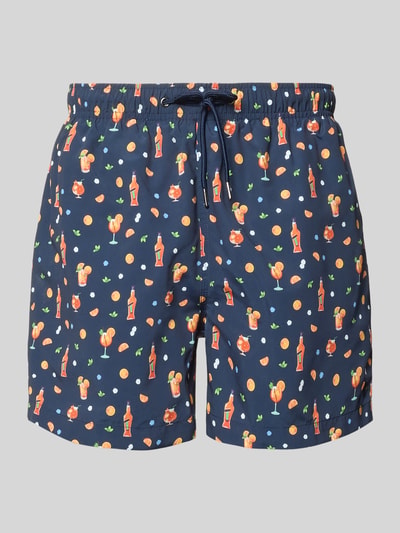Produktfoto, Badehose im Allover-Look mit elastischem Bund von MCNEAL, navyblau mit buntem Muster, Regular Fit, sichtbarer Tunnelzug, strukturierte Oberfläche