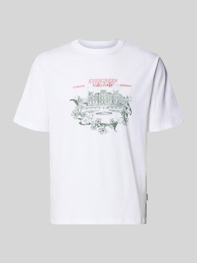 Produktfoto, weißes Herren T-Shirt mit Label-Print Modell 'NIAGARA' von JACK & JONES, reine Baumwolle, gerader Schnitt, Rundhalsausschnitt.