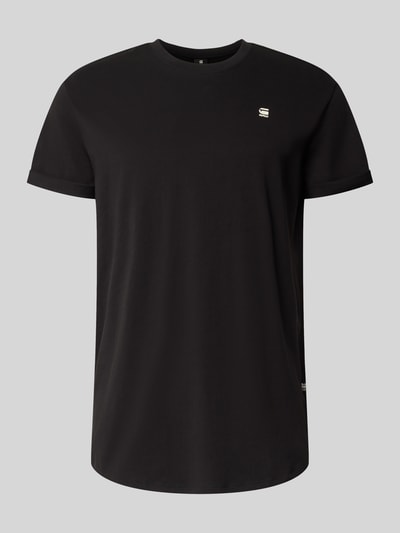 Produktfoto, T-shirt met labeldetail van G-star, heren T-shirt in zwart, biologisch katoen, recht model, ronde hals, vaste mouwomslagen, ruglengte maat L 76 cm