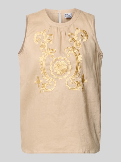 Produktfoto, Blusentop aus Leinen mit Stitchings von Emily Van den Bergh in Beige, reine Leinenstruktur, Regular-Fit, Rundhalsausschnitt, Rückenlänge 62 cm in Größe 36