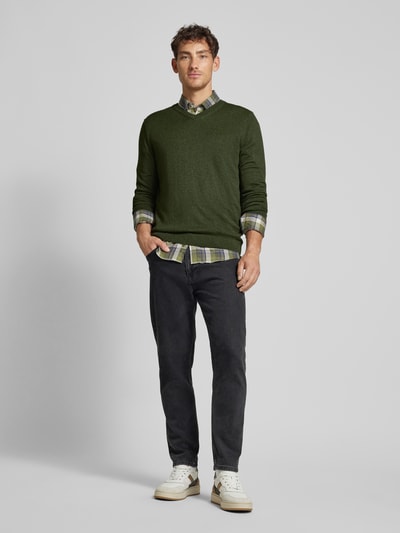 Tom Tailor Regular fit gebreide pullover met V-hals Olijfgroen - 1