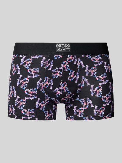 Produktfoto, schwarzer Baumwoll-Mix mit buntem Allover-Print, Slim Fit Trunks Modell 'Pop Love' von HOM, Logo-Detail am Bund