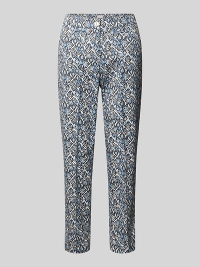 Produktfoto, Hose mit Eingrifftaschen Modell 'Mara' von Brax im geometrischen Muster, Baumwoll-Mix mit Stretch, verkürzte Passform, blau-weiß-graue Farbkombination, Knopf- und Reißverschluss, Eingrifftaschen und Gesäßtaschen, für Damen
