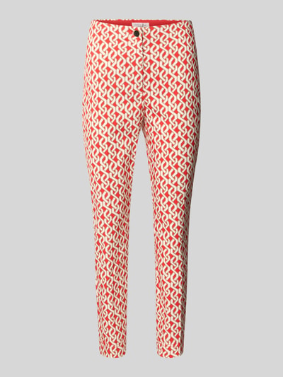 Produktfoto, Slim Fit Hose in verkürzter Passform von Christian Berg Woman mit Allover-Look, Baumwoll-Mix mit Stretch-Anteil, Größe 36, 66 cm Innenbeinlänge, 34 cm Bundweite, rot-weißes Muster