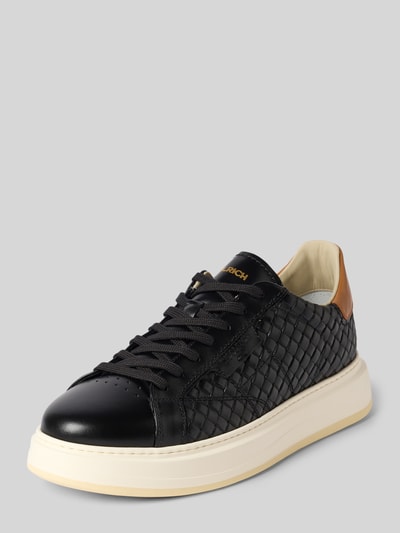 Productfoto, Sneaker aus Leder Modell 'ARROW MAN CALF' van Woolrich voor heren, echt leer, afgeronde punt, vetersluiting, zwarte kleur, bruine hiel, model ARROW MAN CALF, hakhoogte maat 44: 4 cm, schachthoogte maat 44: 9 cm, schachtbreedte maat 44: 8 cm, textuur met geweven patroon
