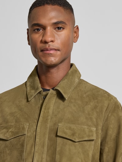 Profuomo Slim fit overhemdjack van echt geitenleer, model 'Overshirt' Groen - 3