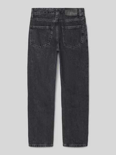 Produktfoto, Jeans mit 5-pocketmodel van Calvin Klein Jeans voor kinderen, puur katoen, recht model, labeldetail, donkere wassing, bandwijdte 32 cm, binnenbeenlengte 62 cm.