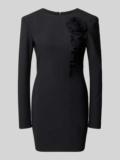 Produktfoto, Slim Fit Minikleid mit floralem Besatz von ROTATE in Schwarz, elastischer Stoff, Rundhalsausschnitt, langärmelig, glatte Struktur