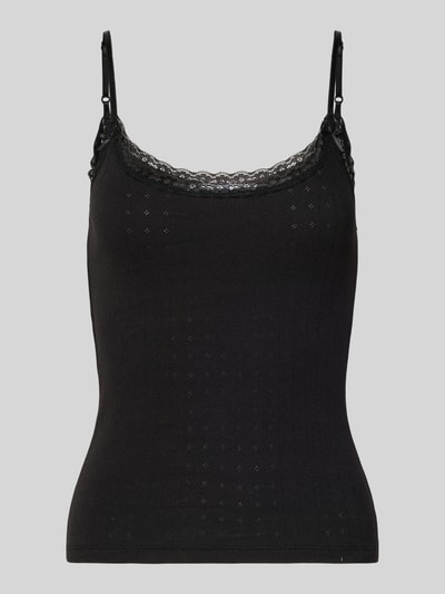 Produktfoto, Slim Fit Top mit Spitzenbesatz Modell 'Ajour' von REVIEW, schwarze Reine Baumwolle, feine Struktur, Zierschleife, Spaghettiträger.