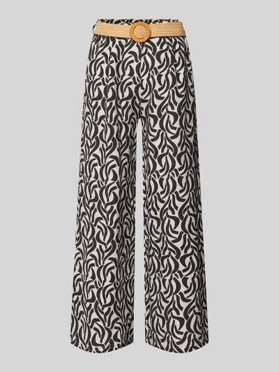 Produktfoto, Stoffhose aus Viskose-Mix mit Gürtel Modell 'Mi44laa' von ZABAIONE, breite Beine, schwarzes Blätter-Muster auf cremefarbenem Grund, strukturierte Stofftextur