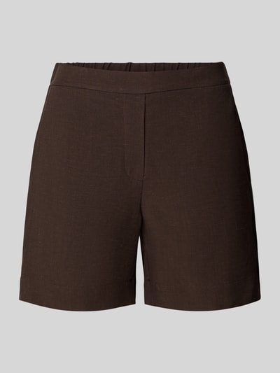 Produktfoto, Regular Fit Shorts aus Viskose-Mix Modell 'Melane' von OPUS in Dunkelbraun, Leinen-Viskose-Anteil, teilelastischer Bund, Eingrifftaschen, Bundweite 38 cm, Innenbeinlänge 13 cm, Größe 36, strukturierte Oberfläche