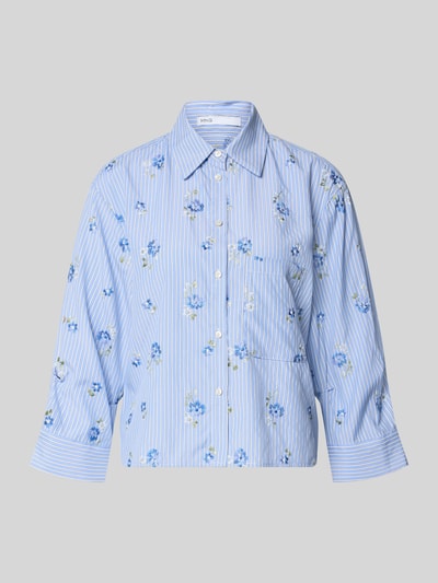 Produktfoto, Hemdbluse mit Knopfleiste Modell 'FLORIX' von Mango, blau-weiß gestreift mit Blumen-Muster, Material-Mix mit Viskose-Anteil, Regular-Fit, Hemdblusenkragen, Rückenlänge bei Größe S 49 cm, Ärmellänge 46 cm.