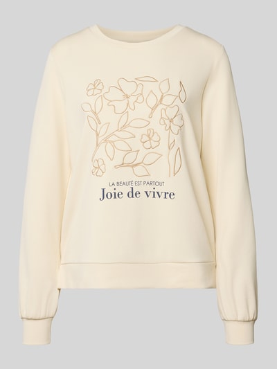 Produktfoto, Sweatshirt mit Label-Print Modell 'BANU' von Soyaconcept in Creme mit Rundhalsausschnitt, gerippten Abschlüssen und floralem Print.