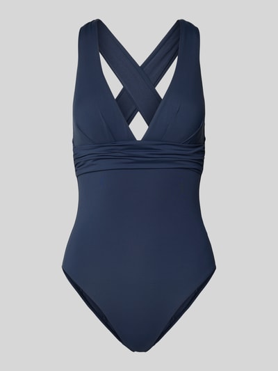 Produktfoto, Body mit V-Ausschnitt von Seafolly in Dunkelblau, körpernaher Schnitt, Material-Mix, Raffungen, strukturierte Oberfläche