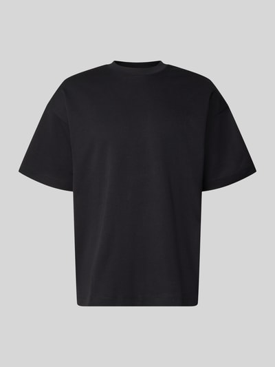 Produktfoto, schwarzes Herren T-Shirt mit Rundhalsausschnitt Modell 'BARRON' von Jack & Jones, Baumwoll-Mix mit Stretch-Anteil, Relaxed-Fit, Rückenlänge bei Größe M: 73 cm, glatte Textur, schlichte Optik