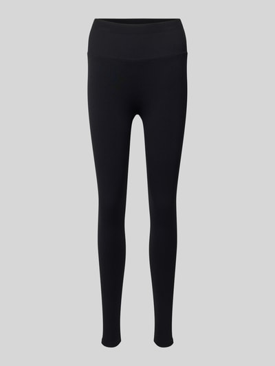 Produktfoto, schwarze Leggings mit elastischem Bund und Label-Detail von Fabletics, Material-Mix mit Stretch-Anteil, körpernahe Passform