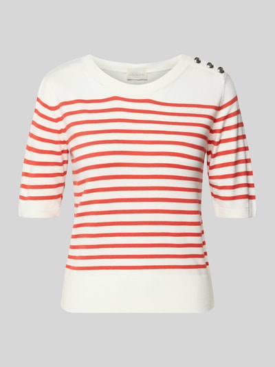 Produktfoto, Strickshirt aus Viskose-Elasthan-Mix mit Knopfleiste von Milano Italy, rot-weiß gestreift, Regular Fit, Rundhalsausschnitt.