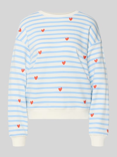 Produktfoto, Sweatshirt im Allover-Look von Smith and Soul, Baumwoll-Modal-Mix, blau-weiße Streifen mit roten Herzmotiven, Rundhalsausschnitt, Relaxed Fit