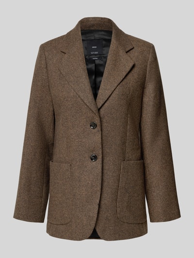 Produktfoto, Blazer aus Woll-Mix mit Viskose-Anteil Modell 'PIPER' von Mango, braune Farbe, Straight Fit, Reverskragen, 2-Knopfleiste, aufgesetzte Taschen, Rückenlänge 72 cm, Brustweite 41 cm, Ärmellänge 61 cm, glatte Textur