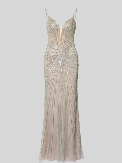 Produktfoto, Slim Fit Abendkleid mit Allover-Ziersteinbesatz von Hey Kyla, semitransparent, Spaghettiträger, Nahtreißverschluss, blickdichter Unterrock, Größe 36, cremefarben, feine strukturierte Textur, glänzende Steinakzente, vertikale Linienmuster