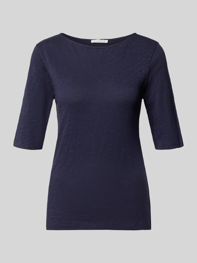 Produktfoto, T-Shirt mit U-Boot-Ausschnitt von Christian Berg Woman, granatowy kolor, melanżowa faktura, czysta bawełna, krój regular fit, długość pleców w rozmiarze S: 58 cm
