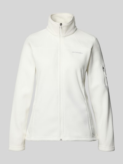 Produktfoto, Slim Fit Fleecejacke mit Ärmeltasche Modell 'Fast Trek™ II' von Columbia in Weiß mit Stehkragen, Label-Detail, elastische Abschlüsse, Reißverschlusstaschen, Fleece-Oberfläche, glatte Textur, Rückenlänge 63 cm, Schulterbreite 40 cm, Brustweite 45 cm, Ärmellänge 62 cm, Damen Fleecejacke.
