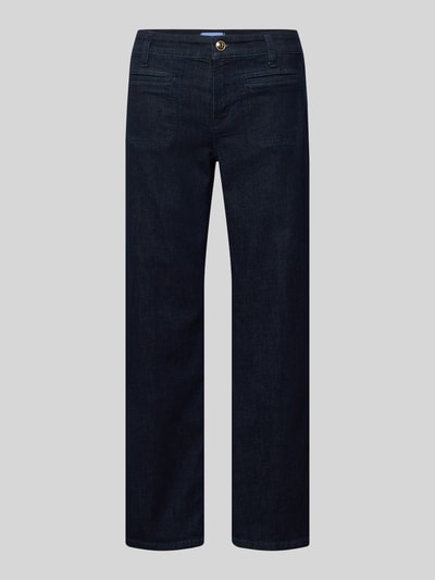 Produktfoto, Jeans in verkürzter Passform Modell 'TESS' von Cambio, rechte snit, donkerblauw, steekzakken, katoenmix met stretch, zichtbare knoop- en ritssluiting, achterzakken, taillewijdte 42 cm, binnenbeenlengte 68 cm, voor dames