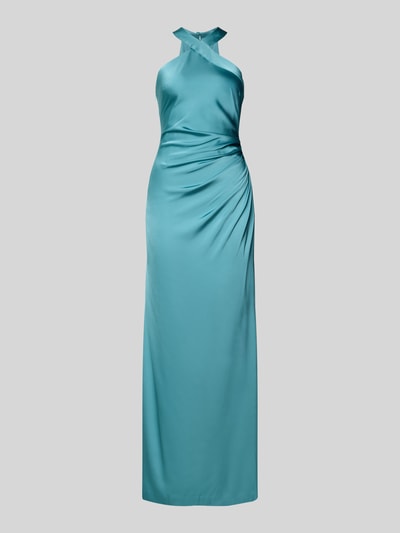 Produktfoto, Avondjurk met halter van Adrianna Papell, materiaalmix met stretch, getailleerd model, plooien, knoopsluiting, turquoise.