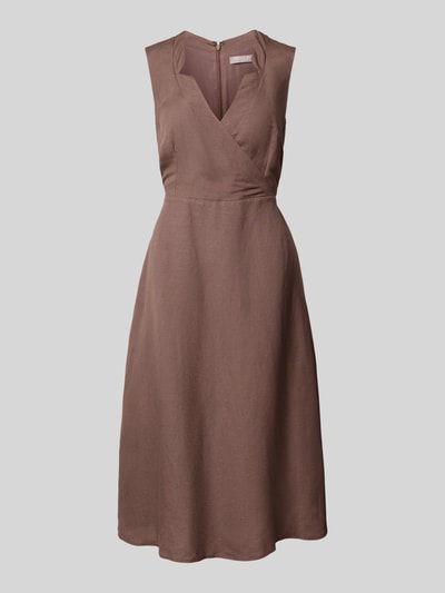 Produktfoto, Midikleid aus Leinen-Viskose-Mix in Wickel-Optik von Christian Berg Woman Selection, brązowy odcień, A-linia, dekolt V, długość tyłu w rozmiarze 36: 120 cm, szerokość w rozmiarze 36: 45 cm, delikatna tekstura tkaniny