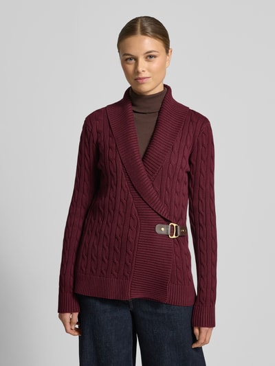 Vrouwenmodel draagt Regular Fit Cardigan in tricotlook model 'Donato' van Lauren Ralph Lauren, puur katoen, sjaalkraag, logodetail, Ganzkörperansicht van voren.