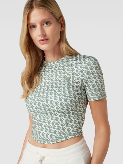 Guess Activewear Cropped T-Shirt mit Allover-Logo-Muster Modell 'LOGOMANIA' Oliv 3