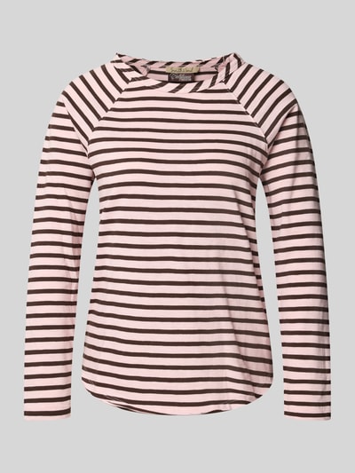 Produktfoto, Langarmshirt mit abgerundetem Saum von Smith and Soul, rosa-braun gestreift, reine Baumwolle, gerader Schnitt, Rundhalsausschnitt.