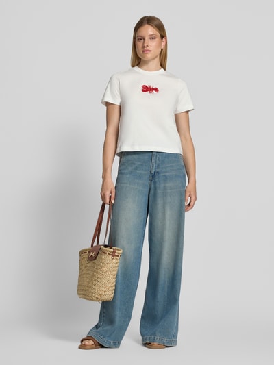 Stefanel T-Shirt mit Perlen und Rundhalsausschnitt Weiss 1