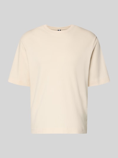 Produktfoto, T-Shirt mit Logo-Print und Rundhalsausschnitt von Profuomo aus reiner Bio-Baumwolle in Beige, entspannter Relaxed Fit, glatte Textur