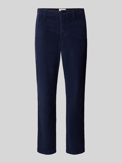 Produktfoto, Regular Fit Cordhose mit Eingrifftaschen von JACK & JONES in Dunkelblau, feine Rippenstruktur, Baumwoll-Elasthan-Mix, frontal.