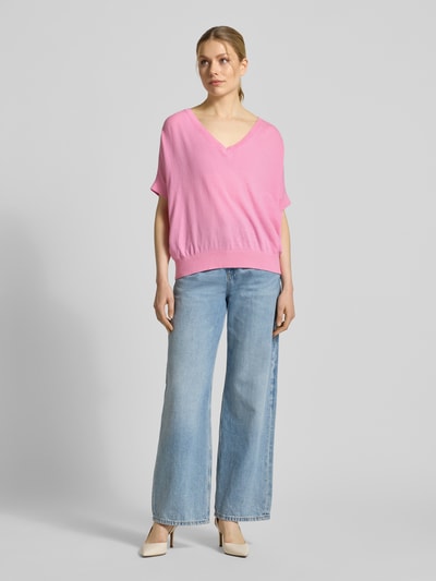 Milano Italy Strickshirt aus Baumwoll-Leinen-Mix mit V-Ausschnitt Pink 1