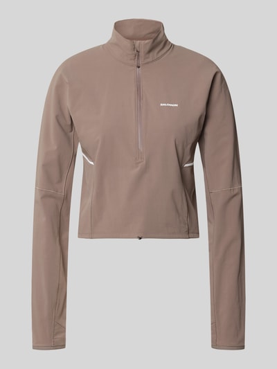Produktfoto, Cropped Pullover für intensive Anstrengungen und Beschleunigung von Salomon in Braun mit Stehkragen, Reißverschluss, Logo, Material-Mix mit Stretch-Anteil, für Damen, Rückenlänge bei Größe S 47 cm