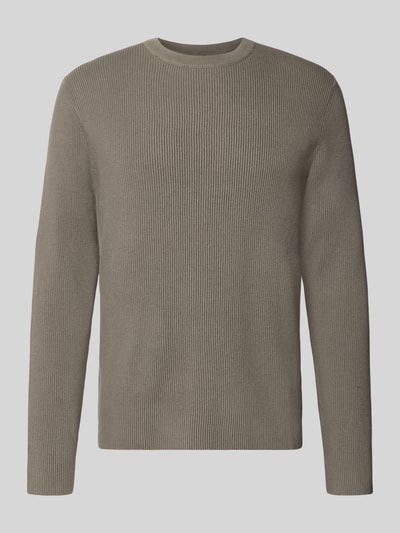Produktfoto, Slim Fit Strickpullover Baumwoll-Mix von Lindbergh, efekt prążkowania, okrągły dekolt, mieszanka bawełny, kolor beżowy