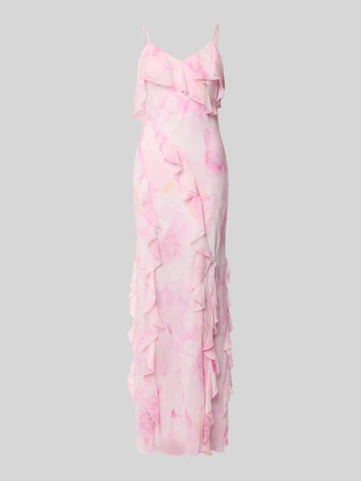 Produktfoto, Slim Fit Maxikleid mit Rüschenbesatz von Jake*s Cocktail, rosa Allover-Print, V-Ausschnitt, Spaghetti-Träger, glatte Textur