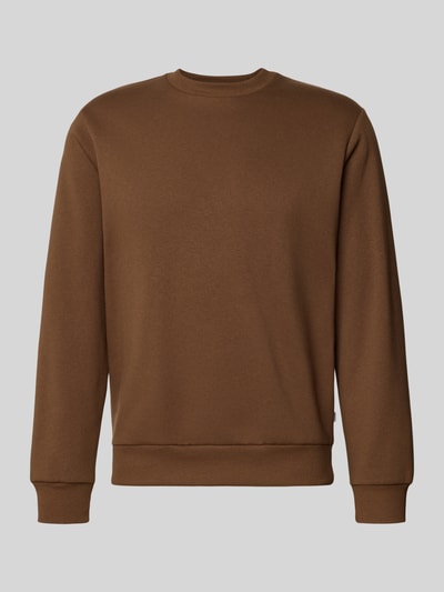 Produktfoto, Regular Fit Sweatshirt mit Baumwoll-Anteil Modell 'Bradley' von JACK & JONES, braun, gerippte Abschlüsse, Logo-Label, Rundhalsausschnitt