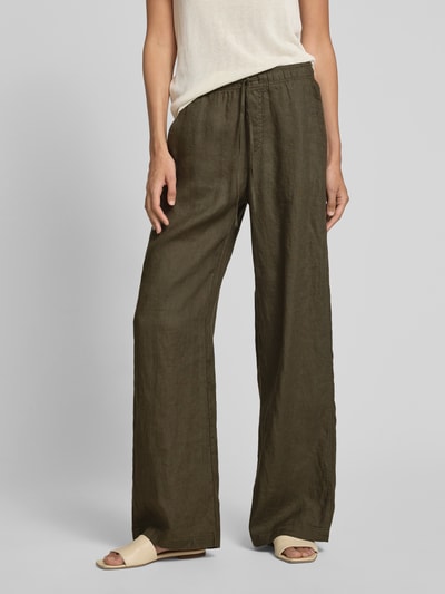 OPUS Wide leg linnen broek met elastische band, model 'Mileni' Olijfgroen - 4